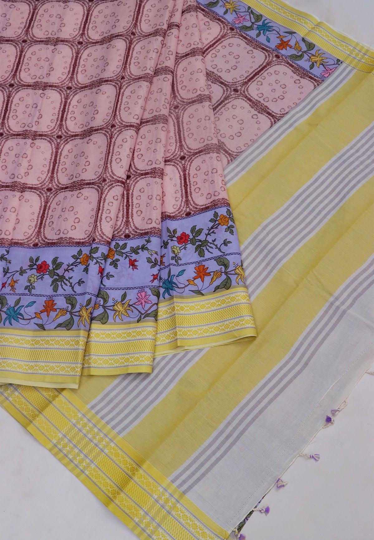 Khadi Digital Print Saree With White Brown and Border with Yellow Shade - (SA-523)