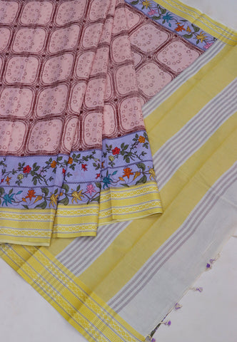 Khadi Digital Print Saree With White Brown and Border with Yellow Shade - (SA-523)