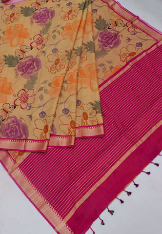 Khadi Digital Print Saree With Brown and Border with Red Shade - (SA-530)