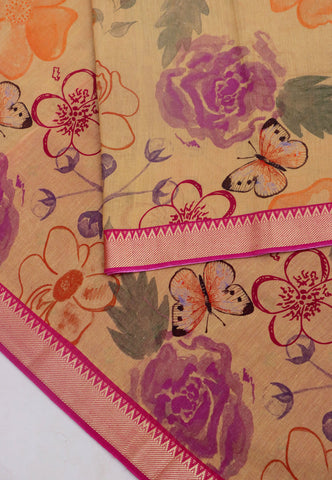 Khadi Digital Print Saree With Brown and Border with Red Shade - (SA-530)