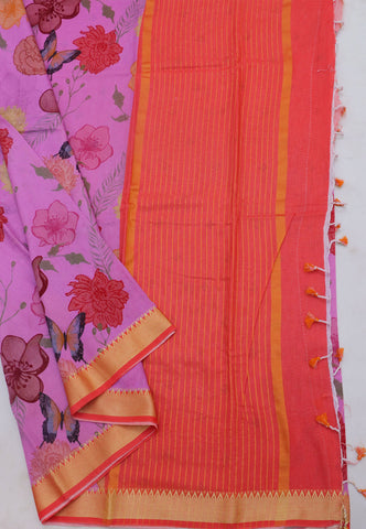 Khadi Digital Print Saree With Pink and Border with Red Shade - (SA-531)