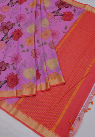 Khadi Digital Print Saree With Pink and Border with Red Shade - (SA-531)