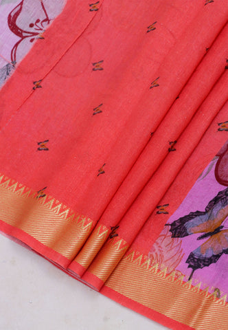 Khadi Digital Print Saree With Pink and Border with Red Shade - (SA-531)
