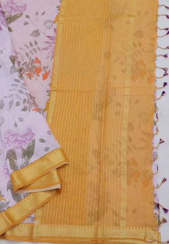 Khadi Digital Print Saree With Cream and Border with Yellow Shade - (SA-532)