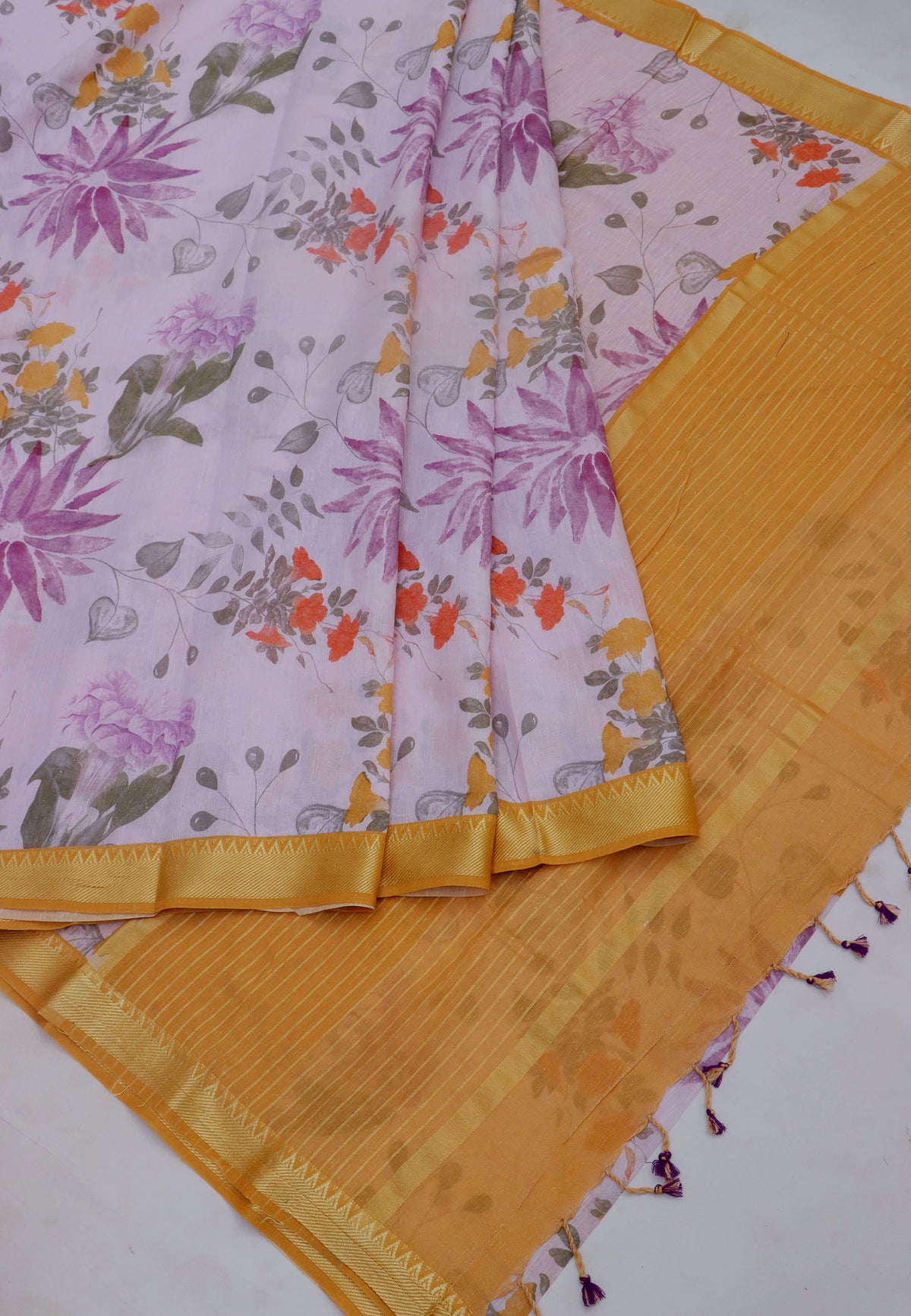 Khadi Digital Print Saree With Cream and Border with Yellow Shade - (SA-532)