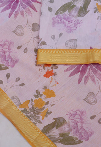Khadi Digital Print Saree With Cream and Border with Yellow Shade - (SA-532)