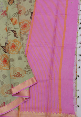 Khadi Digital Print Saree With Green and Border with Pink Shade - (SA-533)