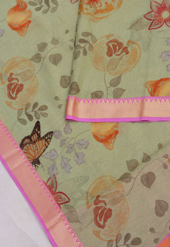 Khadi Digital Print Saree With Green and Border with Pink Shade - (SA-533)