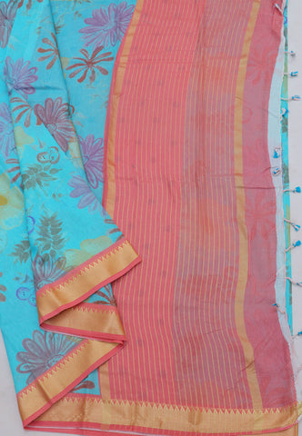 Khadi Digital Print Saree With Blue and Border with Red Shade - (SA-534)