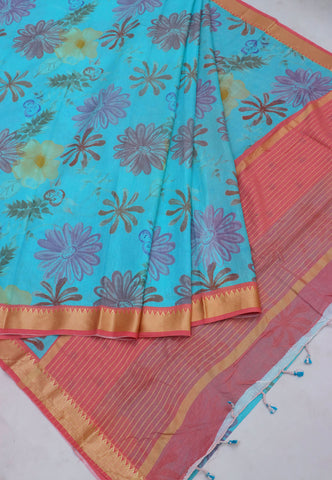 Khadi Digital Print Saree With Blue and Border with Red Shade - (SA-534)