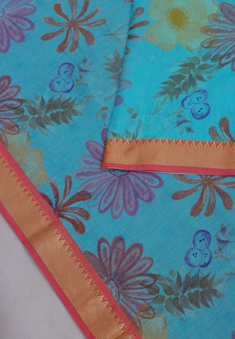 Khadi Digital Print Saree With Blue and Border with Red Shade - (SA-534)