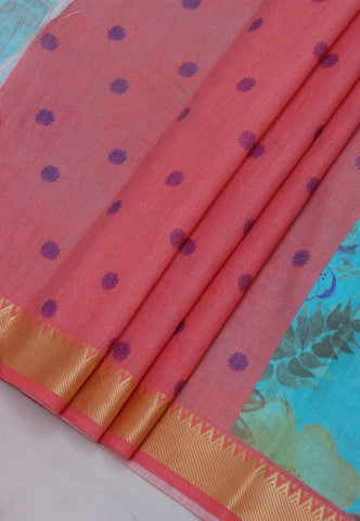 Khadi Digital Print Saree With Blue and Border with Red Shade - (SA-534)