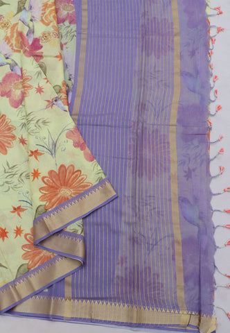 Khadi Digital Print Saree With Green and Border with Blue Shade - (SA-536)