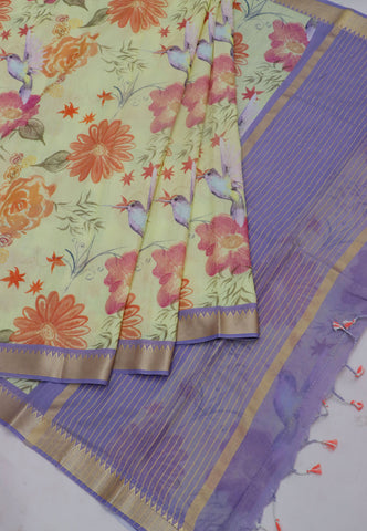 Khadi Digital Print Saree With Green and Border with Blue Shade - (SA-536)