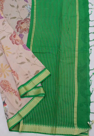 Khadi Digital Print Saree With Brown and Border with Green Shade - (SA-529)