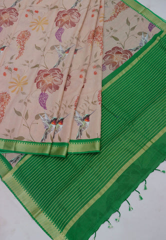 Khadi Digital Print Saree With Brown and Border with Green Shade - (SA-529)