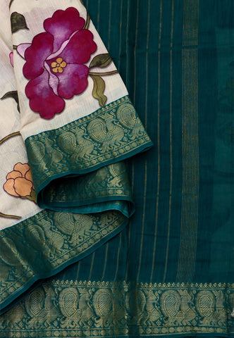 Khadi Digital Print Saree With Cream Collur and Border with Green Shade - (SA-424)