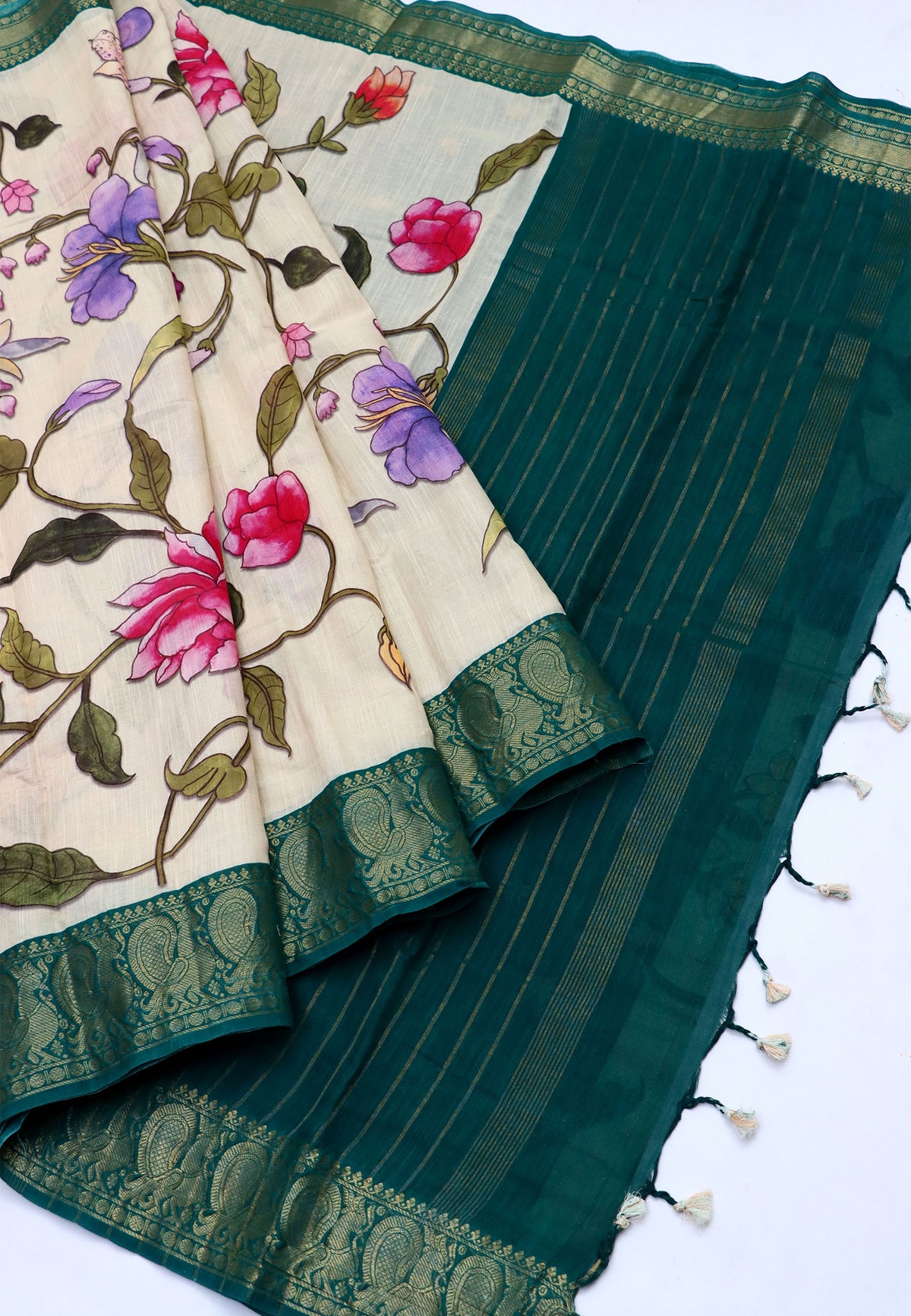 Khadi Digital Print Saree With Cream Collur and Border with Green Shade - (SA-424)