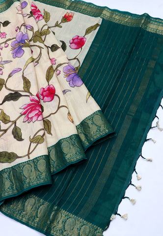 Khadi Digital Print Saree With Cream Collur and Border with Green Shade - (SA-424)