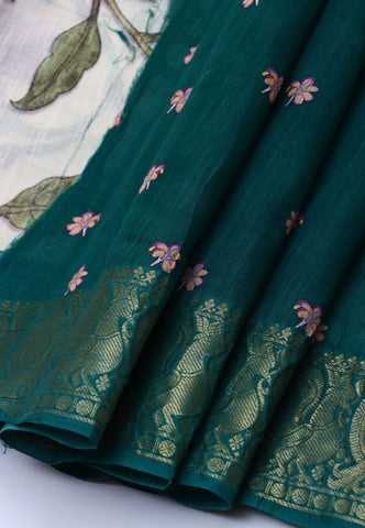 Khadi Digital Print Saree With Cream Collur and Border with Green Shade - (SA-424)