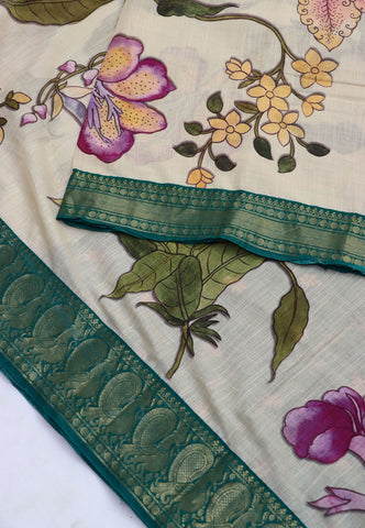 Khadi Digital Print Saree With Cream Collur and Border with Green Shade - (SA-424)