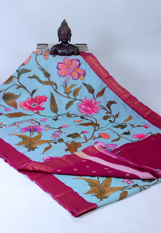 Digital Saree with Light Blue Colour and Border With Red Shade-(SA-698)