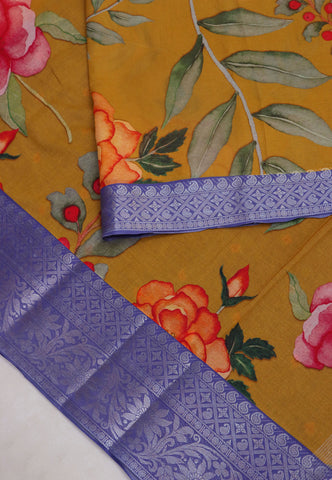 Khadi Digital Print Saree With Brown and Border with Blue Shade - (SA-538)