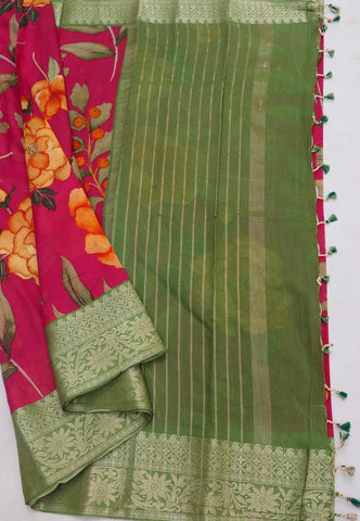 Khadi Digital Print Saree With Red and Border with Green Shade - (SA-539)