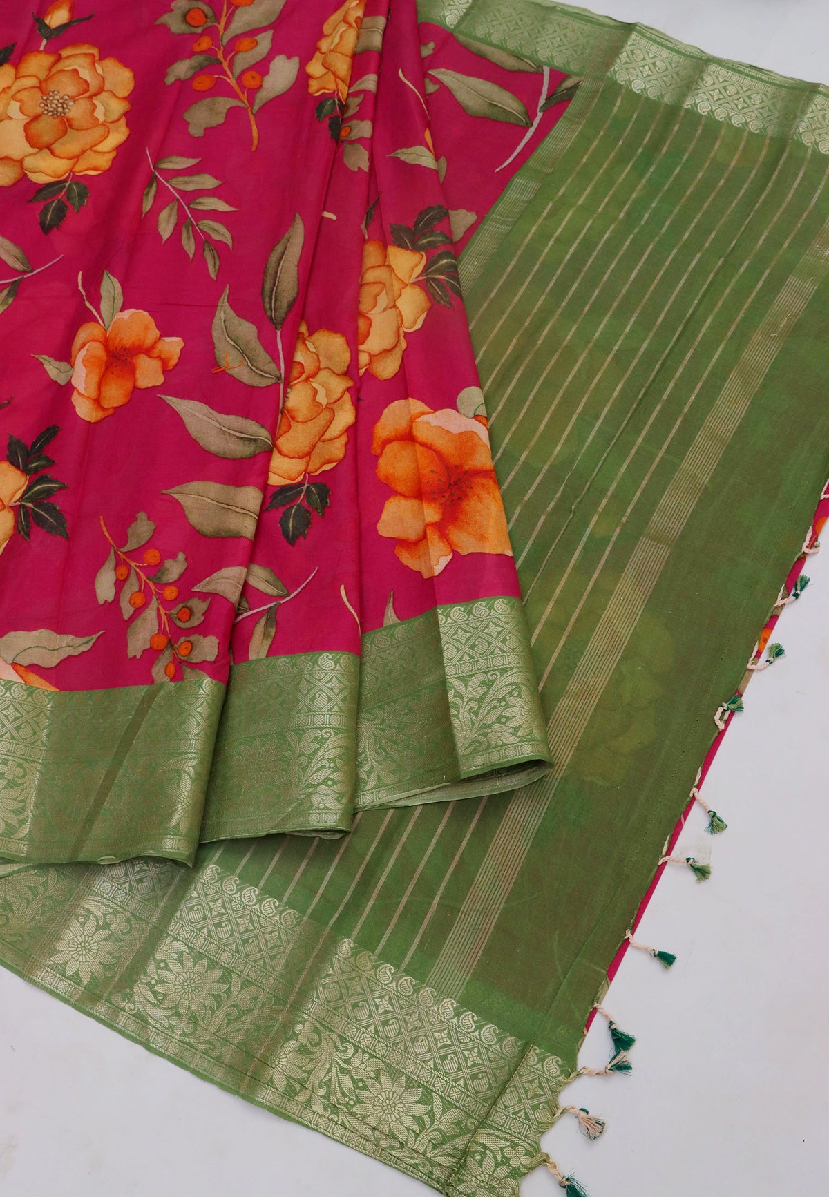 Khadi Digital Print Saree With Red and Border with Green Shade - (SA-539)