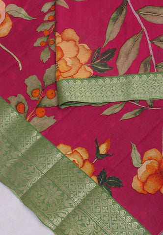 Khadi Digital Print Saree With Red and Border with Green Shade - (SA-539)