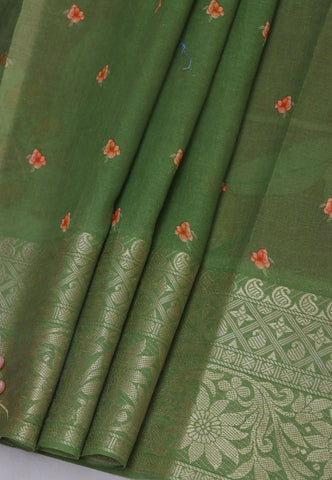 Khadi Digital Print Saree With Red and Border with Green Shade - (SA-539)