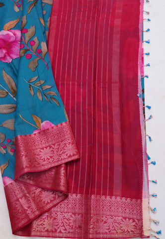 Khadi Digital Print Saree With Blue and Border with Red Shade - (SA-537)