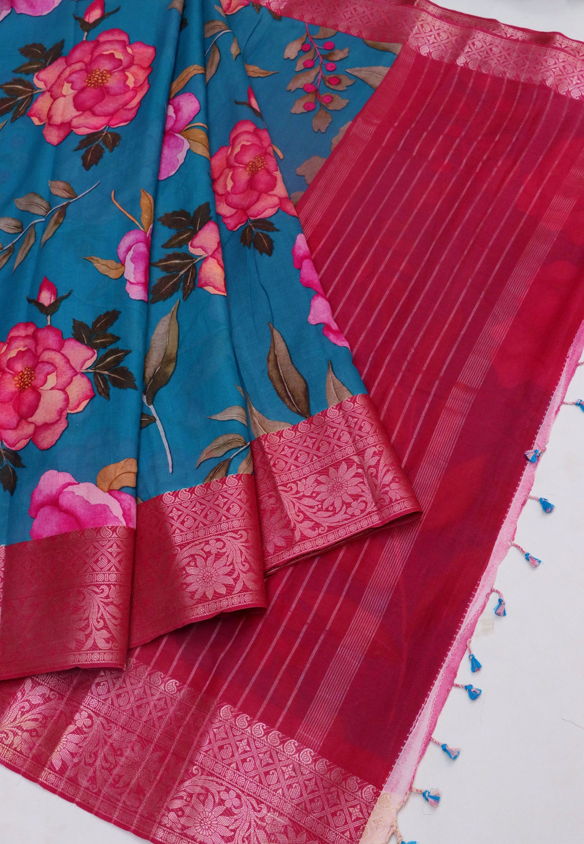 Khadi Digital Print Saree With Blue and Border with Red Shade - (SA-537)