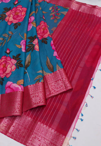Khadi Digital Print Saree With Blue and Border with Red Shade - (SA-537)