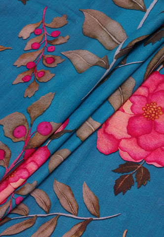 Khadi Digital Print Saree With Blue and Border with Red Shade - (SA-537)