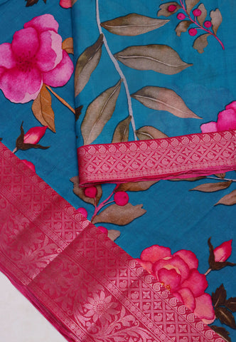 Khadi Digital Print Saree With Blue and Border with Red Shade - (SA-537)