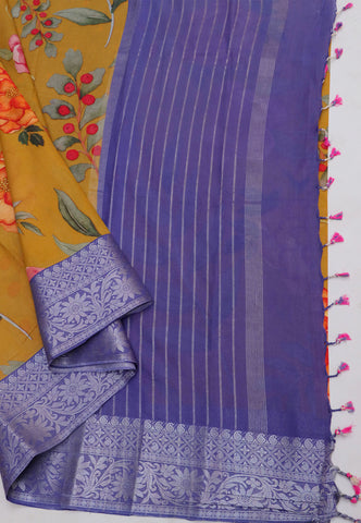 Khadi Digital Print Saree With Brown and Border with Blue Shade - (SA-538)