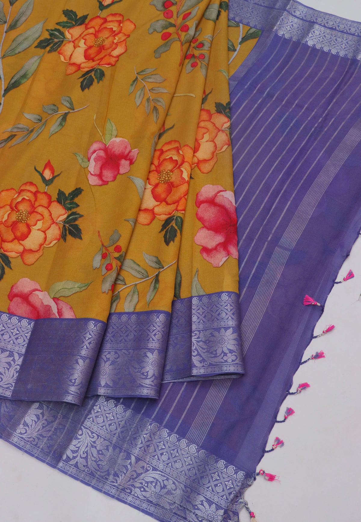 Khadi Digital Print Saree With Brown and Border with Blue Shade - (SA-538)
