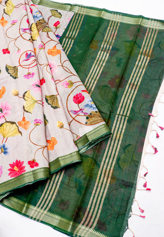 Khadi Digital Print Saree With Cream Collur and Border with Green Shade - (SA-415)
