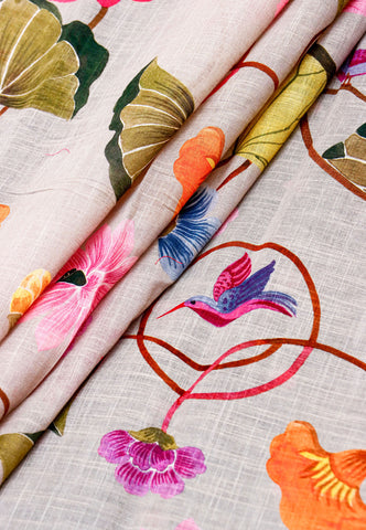 Khadi Digital Print Saree With Cream Collur and Border with Green Shade - (SA-415)