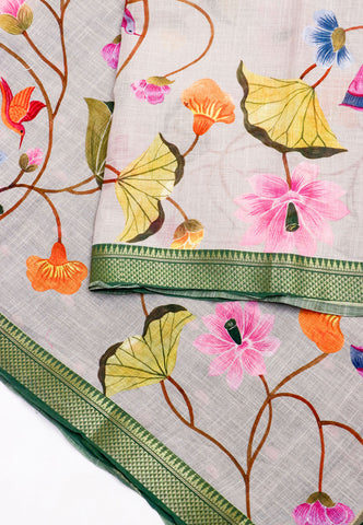 Khadi Digital Print Saree With Cream Collur and Border with Green Shade - (SA-415)