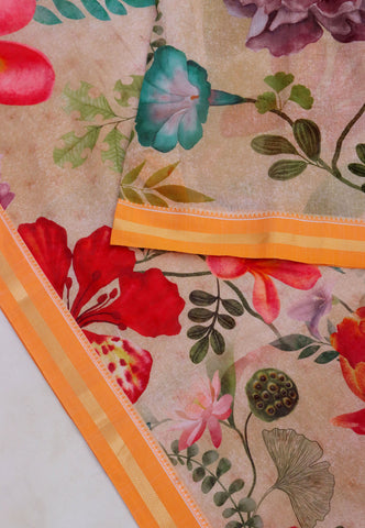 Khadi Digital Print Saree With Brown and Border with Orange Shade - (SA-541)