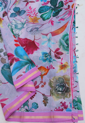 Khadi Digital Print Saree With Cream and Border with Pink Shade - (SA-542)