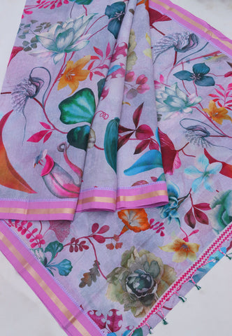 Khadi Digital Print Saree With Cream and Border with Pink Shade - (SA-542)