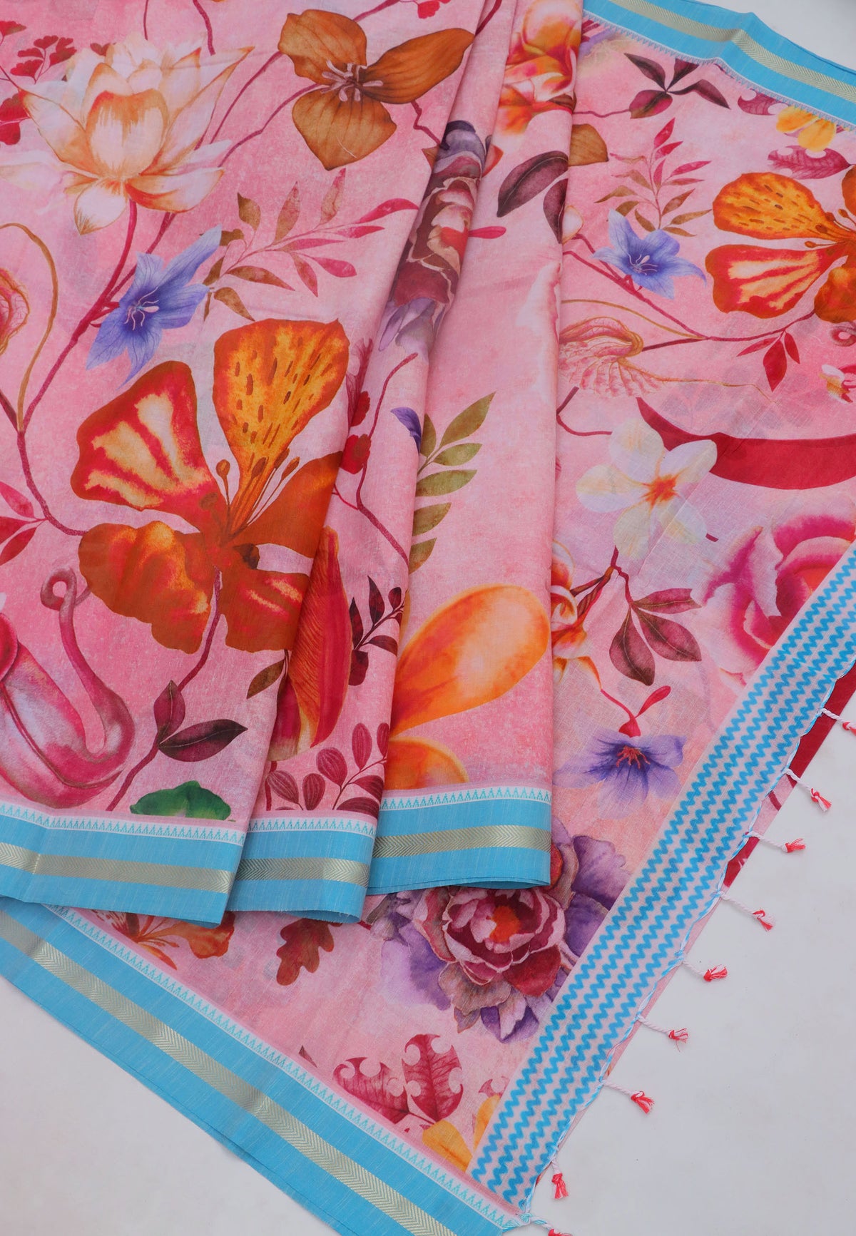 Khadi Digital Print Saree With Cream and Border with Blue Shade - (SA-540)