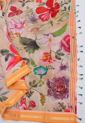 Khadi Digital Print Saree With Brown and Border with Orange Shade - (SA-541)