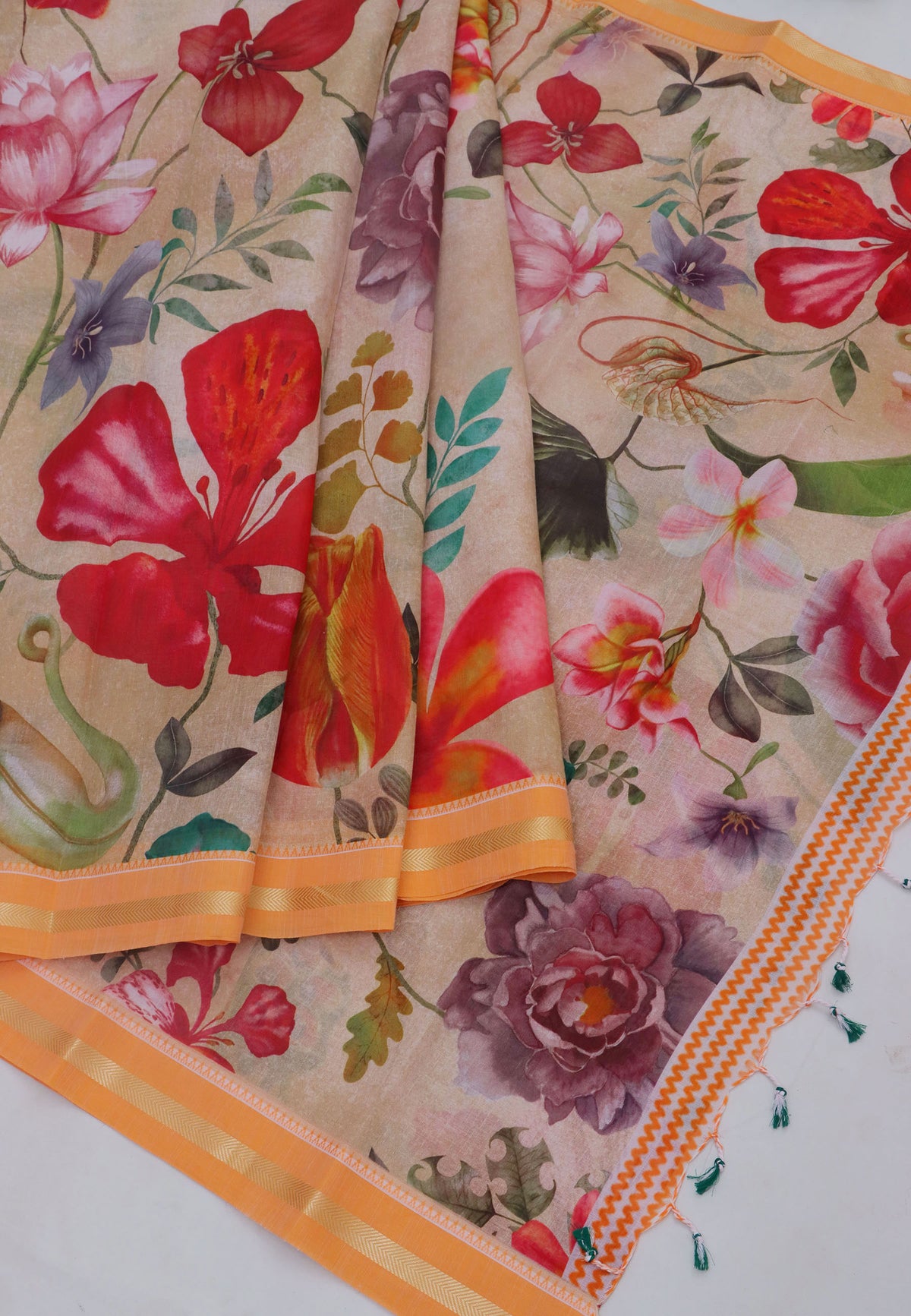 Khadi Digital Print Saree With Brown and Border with Orange Shade - (SA-541)