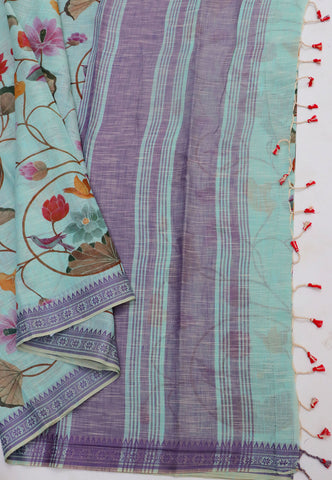 Khadi Digital Print Saree With Green and Border with Blue Shade - (SA-543)
