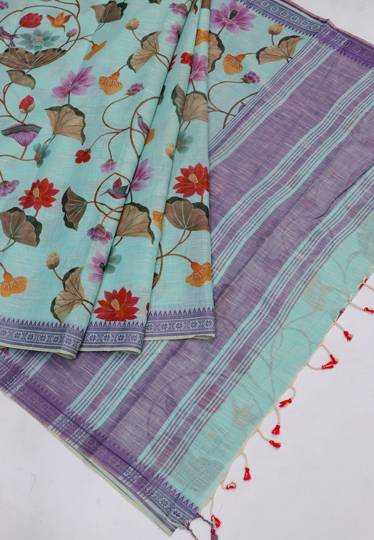 Khadi Digital Print Saree With Green and Border with Blue Shade - (SA-543)