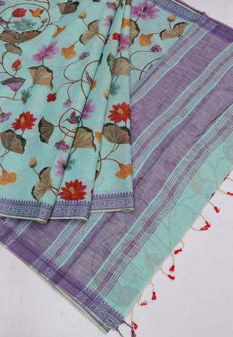 Khadi Digital Print Saree With Green and Border with Blue Shade - (SA-543)